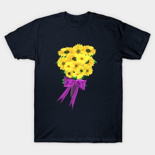 Yellow Sunflowers Bouquet with Purple Ribbon (Navy Blue Background) T-Shirt